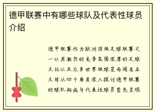 德甲联赛中有哪些球队及代表性球员介绍