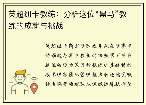 英超纽卡教练：分析这位“黑马”教练的成就与挑战
